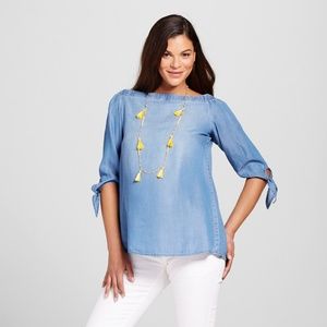 NEW! Maternity Denim Off Shoulder Tie Sleeve Top